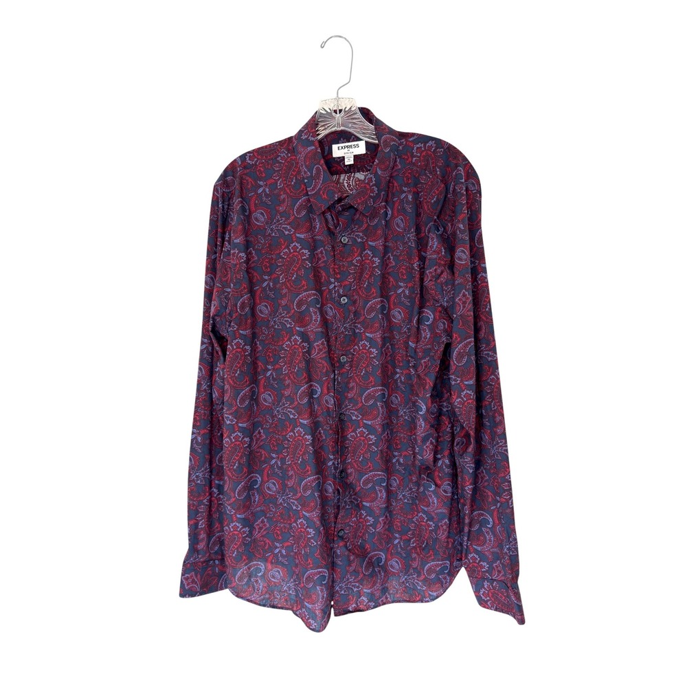 Express Extra Slim Button Down Shirt Men's Red Blue Paisley Print Work Size XL